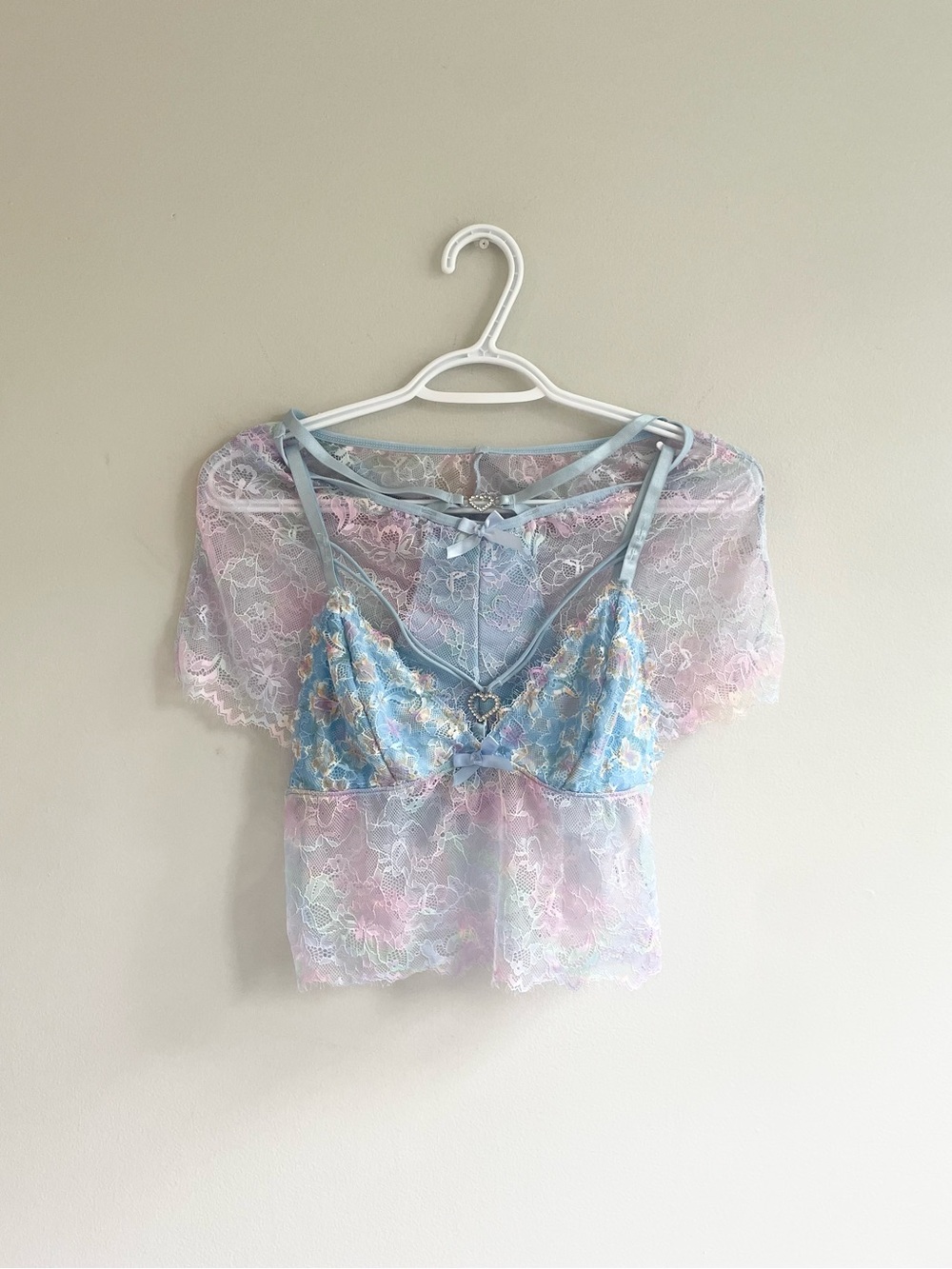 PASTEL PINK BLUE SHEER LACE PAJAMAS SHORTS CAMISOLE BOW SILVER RHINESTONE HEART